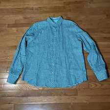 Bugatchi Uomo Shirt Mens XL Shaped Fit Teal Green Blue Gingham Check 100% Linen