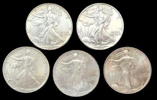 Lot of five (5) American Eagle 1 oz. Fine .999 US oz Silver Coins. APMEX Free SH
