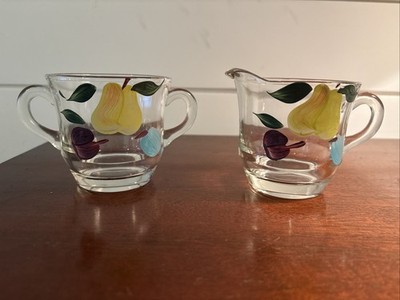 Vintage Clear Glass Bartlett Collins Green Pear Cream and Sugar Hand Painted