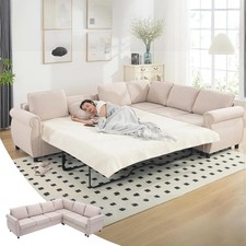 Sleeper Sofa Bed, Pull Out Couch with Mattress, Linen Beige, L Shade Couch