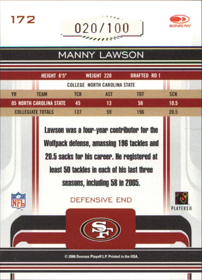 2006 Donruss Gridiron Gear Gold Holofoil O's #172 Manny Lawson /100 - FB - Image 2 of 2