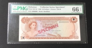 Bahamas 1968 coleccionista espécimen 50 dólares selección # 32CS2 PMG 66 EPQ gema A000000