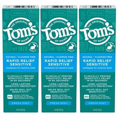 Fluoride-Free Rapid Relief Sensitive Toothpaste, Fresh Mint, 4 oz. 3-Pack (Pa...