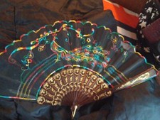 Chinese Hand Fan Peacock Design with Flowers Stitched Folding Fan Gold Tone