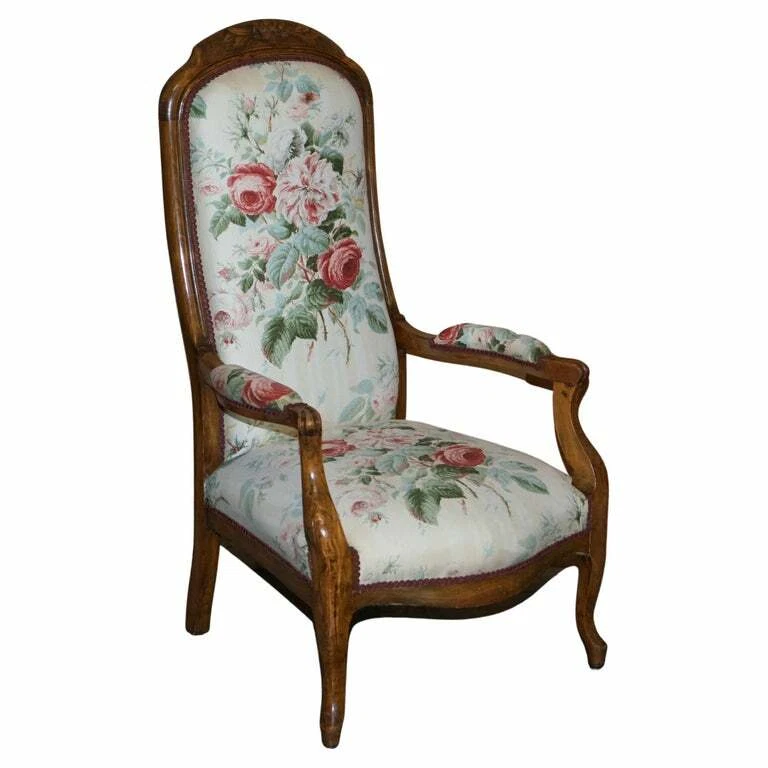 VICTORIAN HAND CARVED WALNUT SHOW FRAMED HIGH BACK ARMCHAIR IN COLEFAX FOWLER