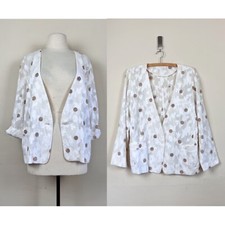 vintage 90s white jacquard floral polka dot blazer Collarless Deep V Boho 1990s