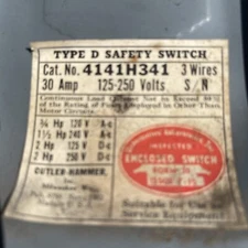 Cutler-Hammer Safety Switch Type D 4141H341 30 Amp 125-250 Volts Enclosed
