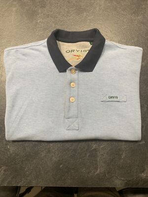 Orvis Mens Polo Shirt Signature Logo Large Peruvian Cotton Blue