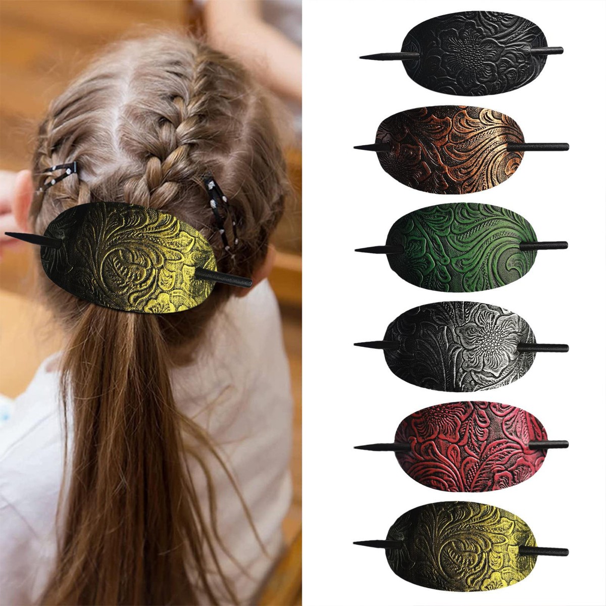 Leather Hair Barrette with Stick Chinese Style Hair Stick Ponytail