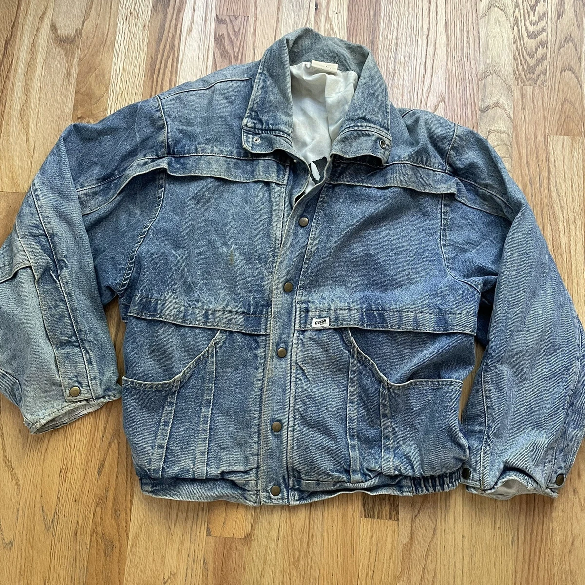 Men s Vintage 80 s Guess USA Light Blue Denim Bomber Button Up