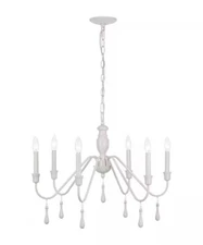 Alsy 26"W 6-Light Distressed-White Beaded Modern Farmhouse Cottage Chandelier