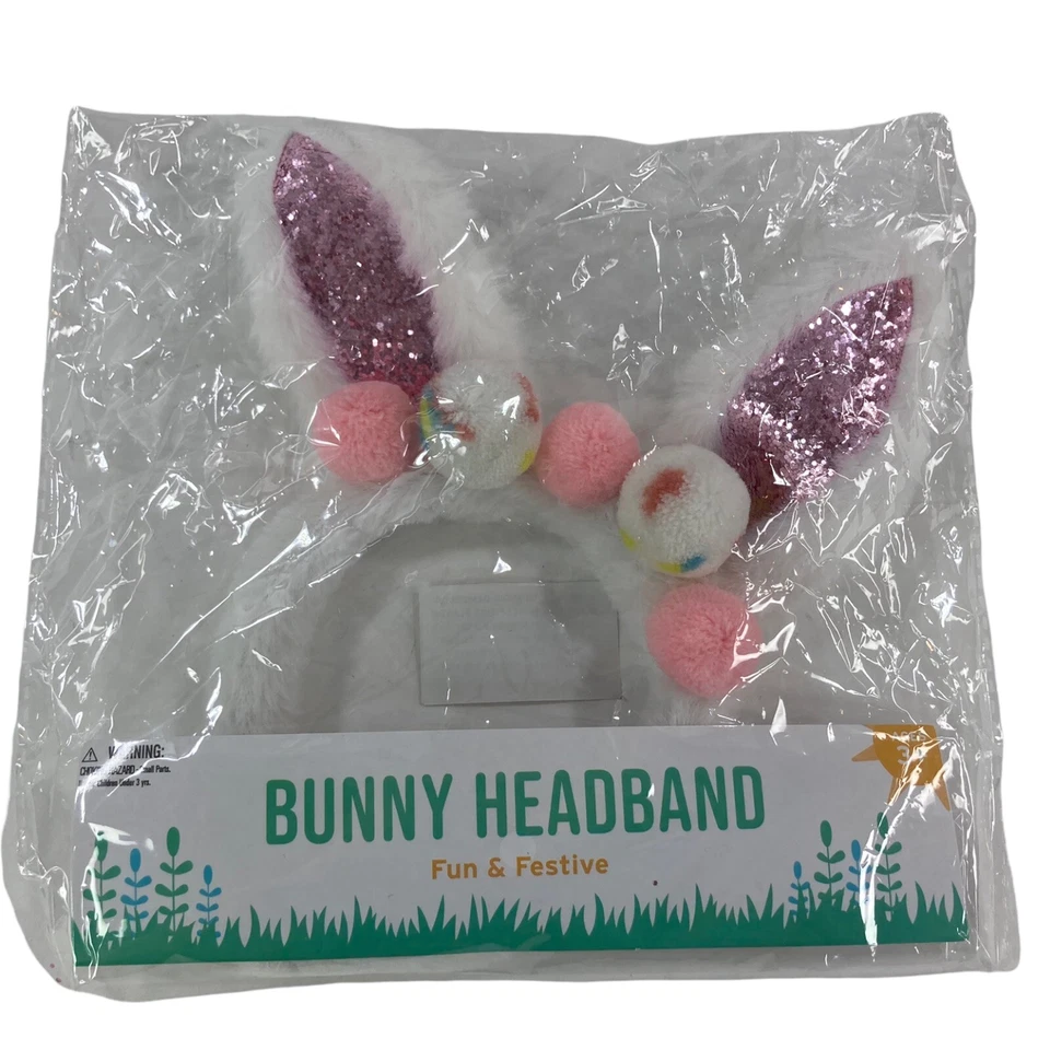 Kids Furry Easter Bunny Rabbit Ears Headband with Poms & Glitter Ears Age 3+ NEW - Image 4 of 4