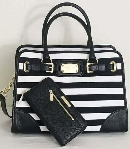 🌞MICHAEL KORS HAMILTON LARGE BLACK WHITE STRIPED TOTE BAG +/OR WALLET SET🌺NWT!