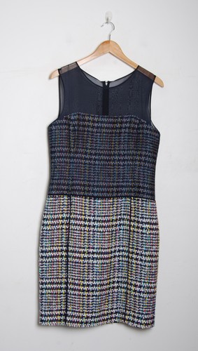 Oscar de la Renta Women Blue White Dress Suit Cotton Blend Lined Cardigan Sz M/L - Picture 7 of 12