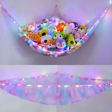 Stuffed Animal Net Hammock Toy Storage with LED Light Hanging Toy Organizer