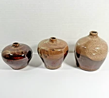 3 Laslo for Mikasa Ceramic Pinch Pot Vases Brown Set Nice Japan
