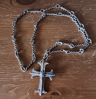 Vintage Native American Navajo Sandcast Sterling Silver Cross Necklace