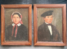 Deux portraits huiles sur toile Le marin et sa femme