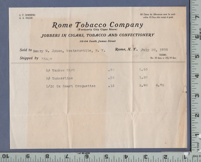 D618 Rome Tobacco Co City Cigar Co billhead Rome Westernville NY Henry W  Jones