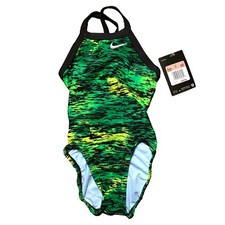 NWT Nike Size 20 Girls 5 One Piece Swimsuit Horizontal Pattern Green Black