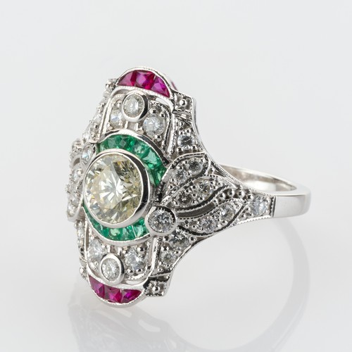 18k gold vintage ring with diamonds, emeralds and rubies - Picture 2 of 5
