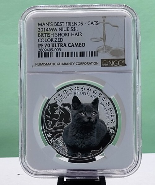 【YOURNUS】British Cat Half Sleeve 2014 NIUE $1 BRITISH SHORT HAIR CAT - COLORIZED - NGC PF70