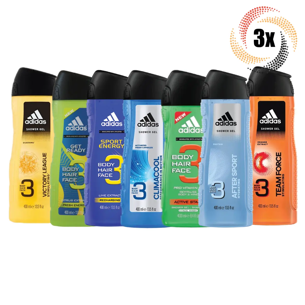 Fuera de borda mariposa hacer clic 3x Bottles Adidas Variety 3in1 Body Hair Face Shower Gel | 400ml | Mix  &amp; Match! | eBay