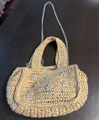 ZARA Beige Raffia Top Handle Bag Gold Chain Strap Drawstring Lined
