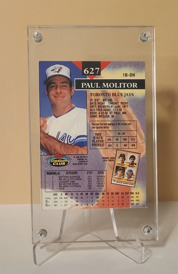 Paul Molitor - 1st Day Issue - 1993 Stadium Club - MINT - Image 2 of 2
