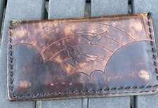 Vintage Hand Tooled Leather Wallet Brown Checkbook Clouds Rainbow Birds