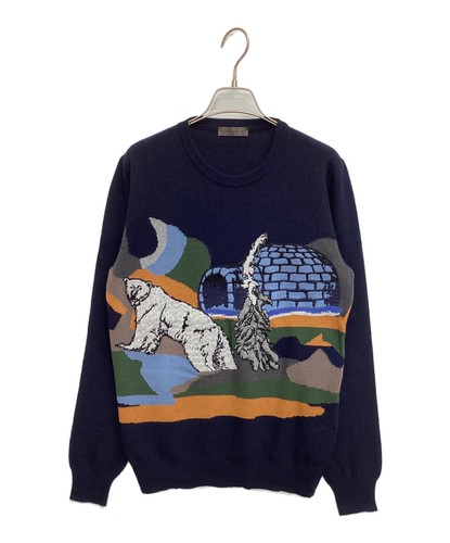 Etro, ETRO Wool Cashmere Embroidered Thick Knit Sweater Size 50 Navy Made in Italy