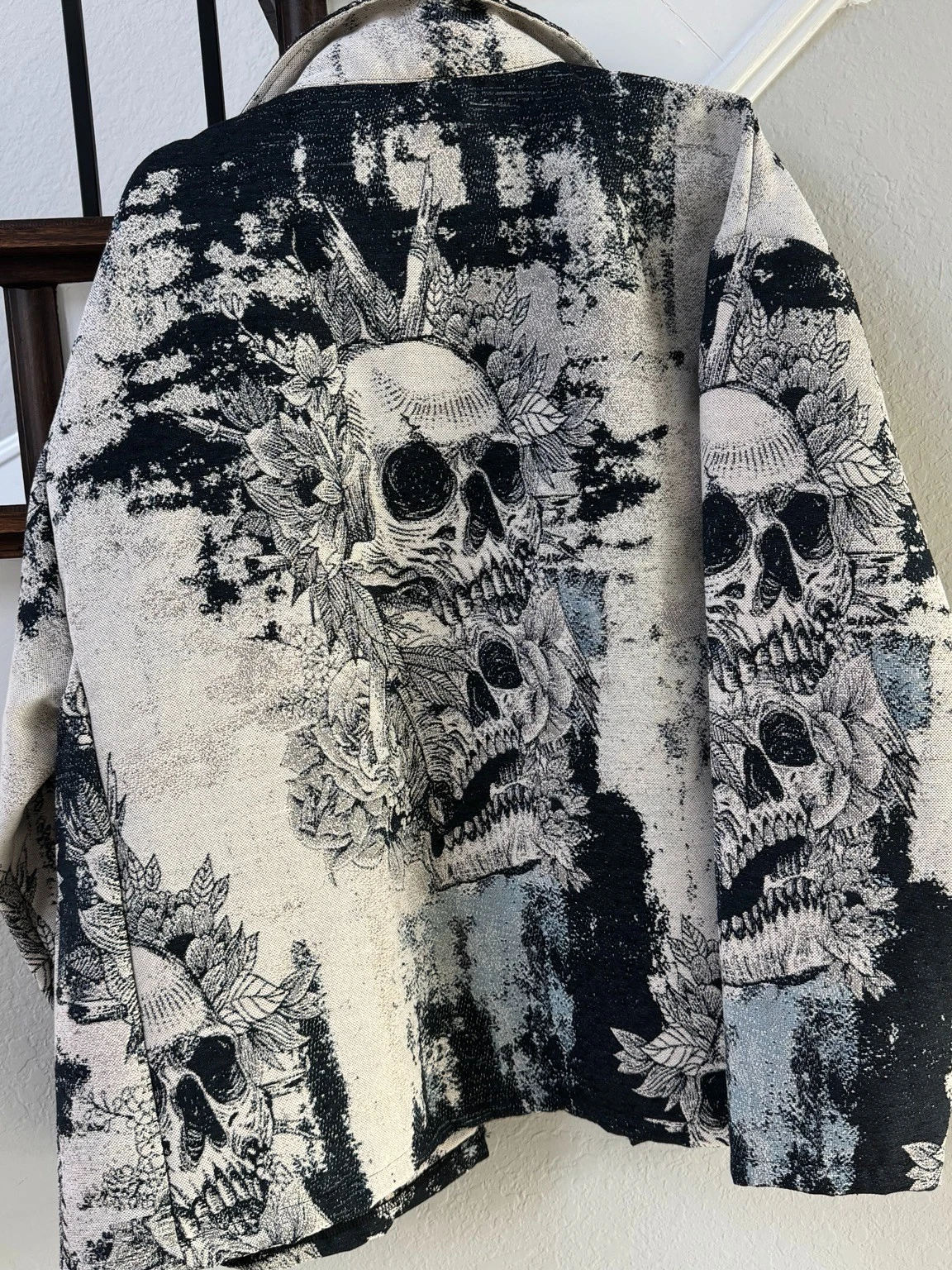 Rebel Vengeance XXL Skull Floral Tapestry Button Front Jacket Black Cream NWOT image 2