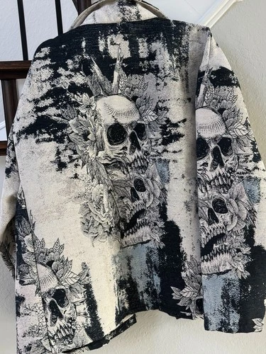 Rebel Vengeance XXL Skull Floral Tapestry Button Front Jacket Black Cream NWOT image 2