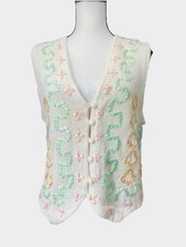 Clarine Cottagecore White Sweater Vest Pastel Ribbon Embroidery Med Granny Vinta