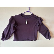 Aerie Ruffle Shoulder Sweatshirt Purple Cropped Raw Hem Real Good XS 0743-3657
