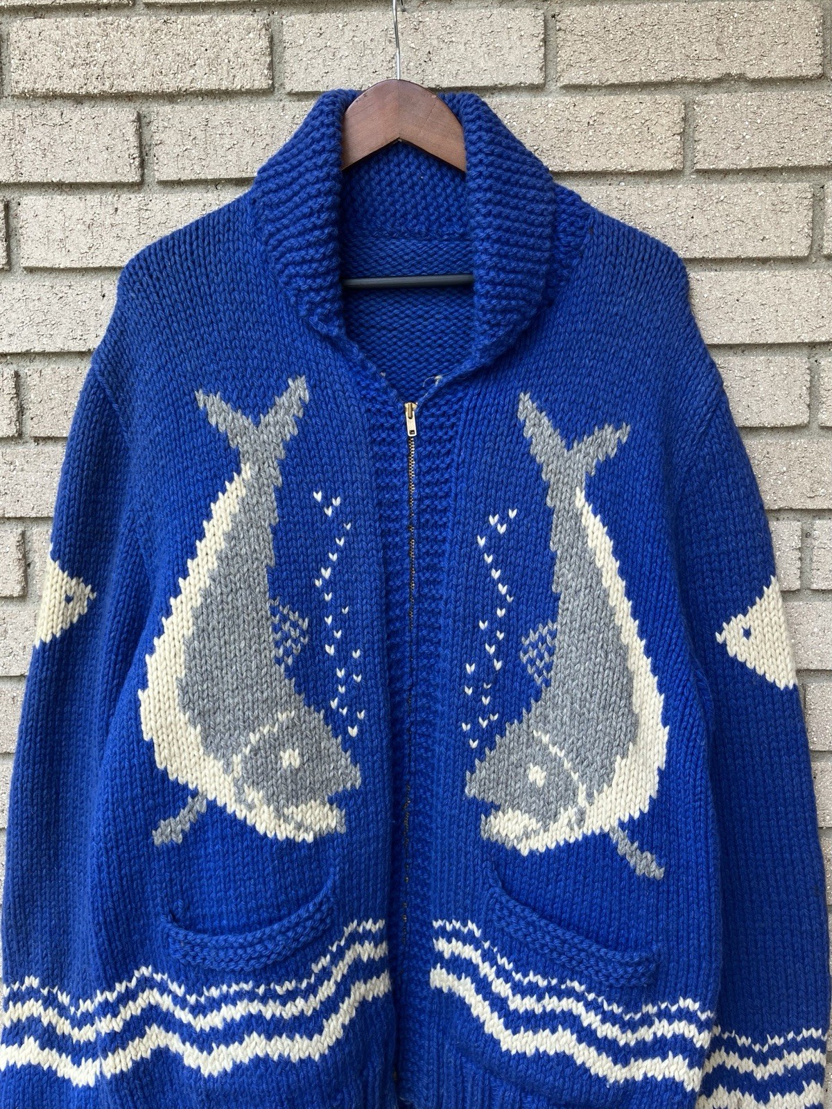 Vintage 1950s/60s Cowichan Zip Front Fish Sweater Blue- Size Large Mary Maxim