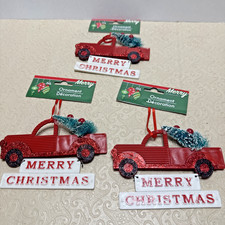 Red Truck Tree Christmas Ornament Merry Christmas Lot of 3
