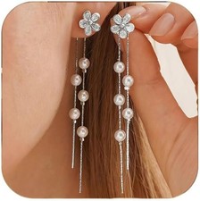 Long Pearl Dangle Earrings for Women Gold Flower Tassel Earring Silver