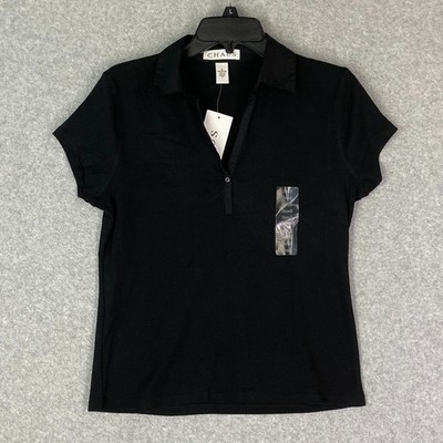 Chaus Top Womens S Black Collared V Neck Short Sleeve Knit Casual Career NWT