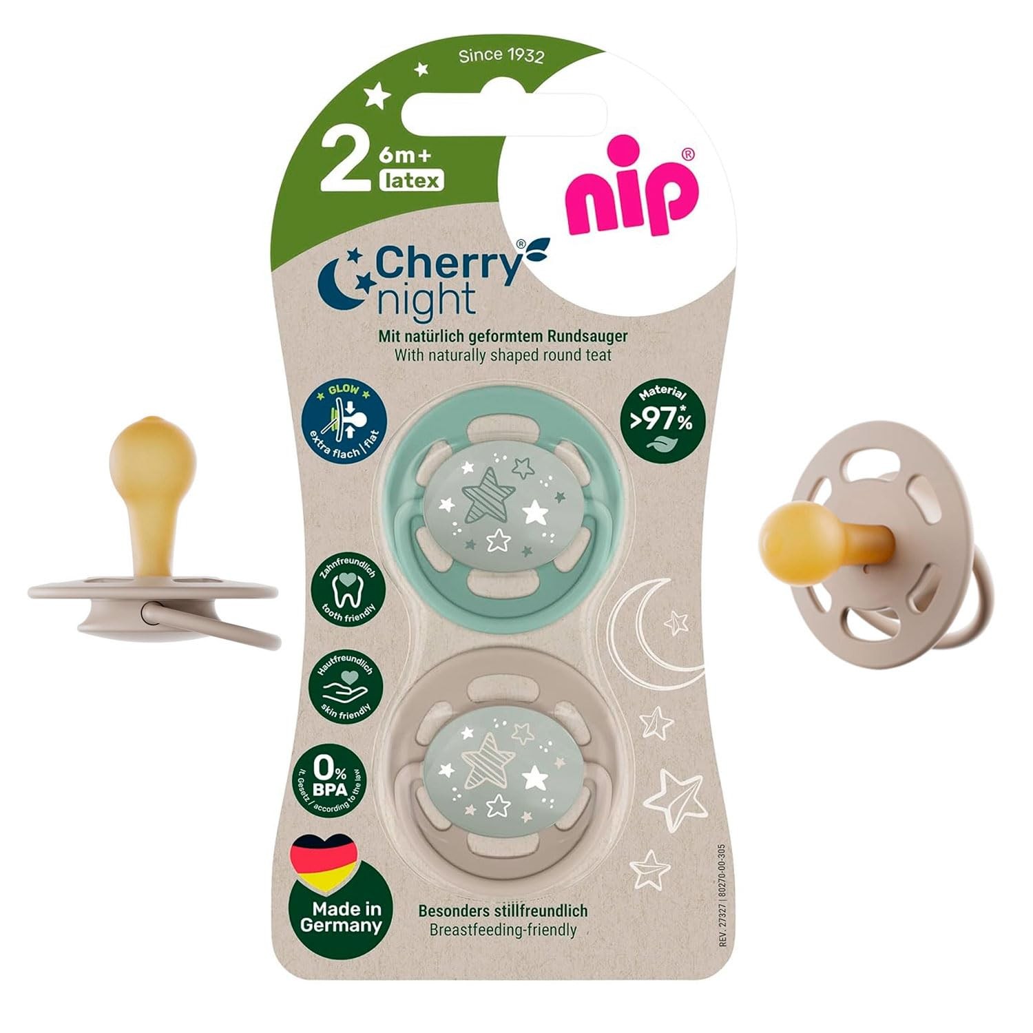Tétines rondes lumineuses Cherry Night 6 mois : sucette bébé phosphorescente en silicone