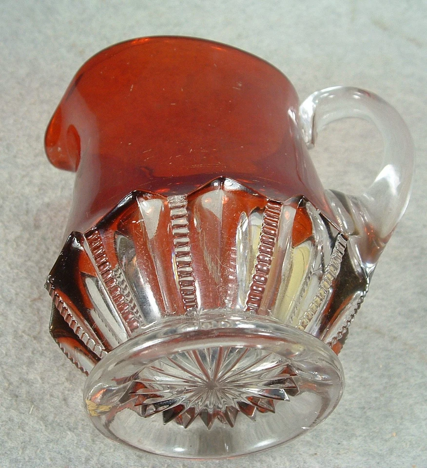 Antique EAPG Ruby Stained Zipper Slash Pattern Glass Creamer "Sacred Heart" - Image 3 of 3