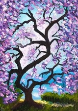 Albero dei fiori dipinto olio originale 35x25 cm paesaggio Jacaranda Impasto arte