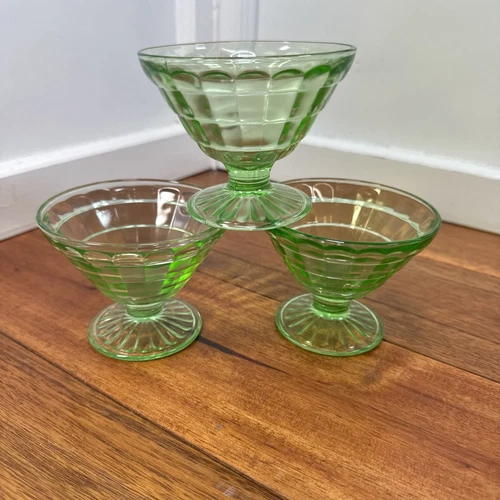 Vintage Anchor Hocking Block Optic Green Depression Glass Uranium Sherbet Cups 3