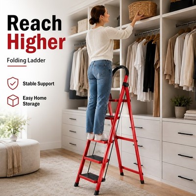 3/4/5-Step Folding Ladder With Handrail, Portable Steel Step Stool With Wide