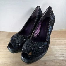 Poetic Licence London Peek A Boo Heels Floral Accent Sz 8M Leather Blue Purple
