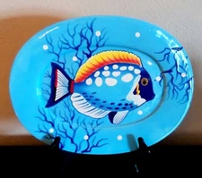 La Dolce Vita Big Fish Collection Oval Platter Blue w/ Yellow Fish 15"