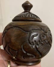 Hand Turned Carved Wood Trinket Dish Bowl Lid Elephant Rhinoceros African Art