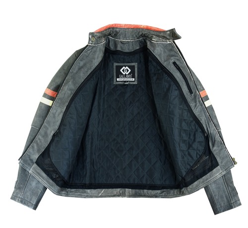 0731 Chaqueta de cuero de vaca a rayas naranja y crema lavado a la piedra para hombre - Imagen 5 de 6
