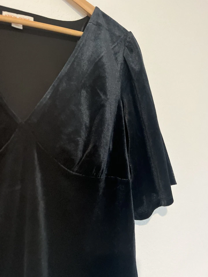 KNOX ROSE Black Velvet Velour Top Sz L Short Flared Sleeve Blouse Elegant Boho - Image 2 of 4