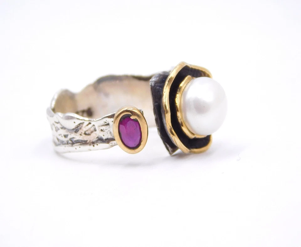 Anillo de dos tonos de plata esterlina 925 de 5,6 Gm con cabina de perlas naturales tamaño 6,7" EE. UU. Foto 3 de 4